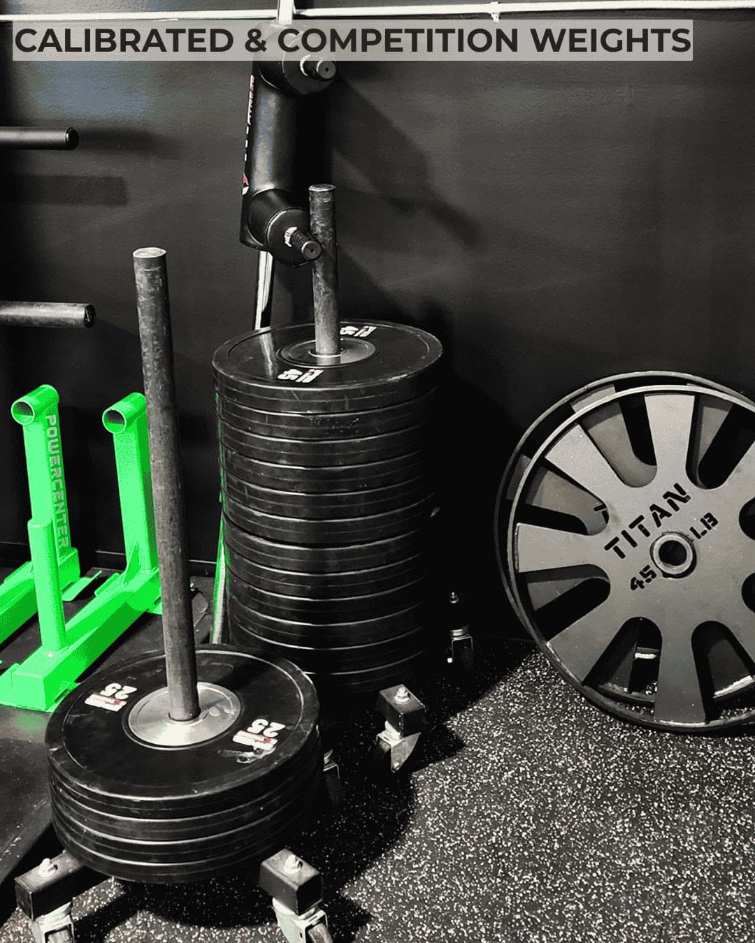 Rogue calibrated kilo plates on competition weight trees