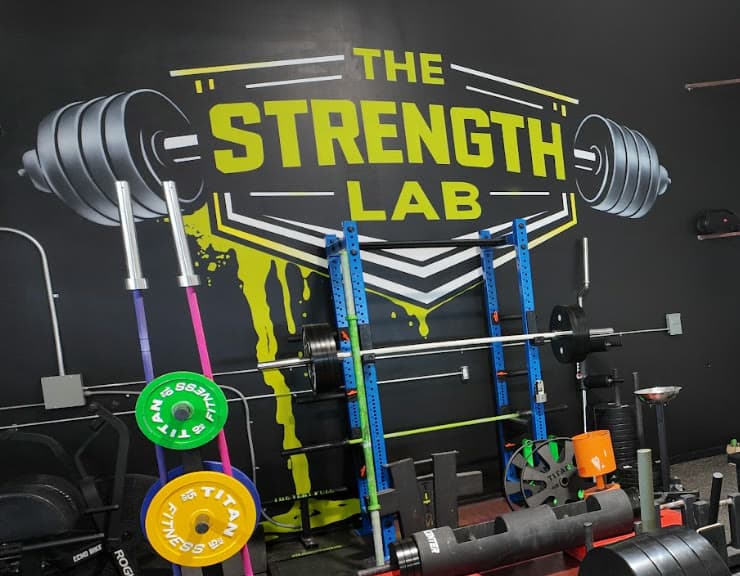 The logo wall mural, a blue squat rack with a loaded barbell, specialty bars on a stand, and a strongman log