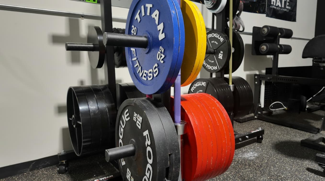 Competition plate storage trees with black Rogue calibrated kilo plates and blue and yellow Titan plates